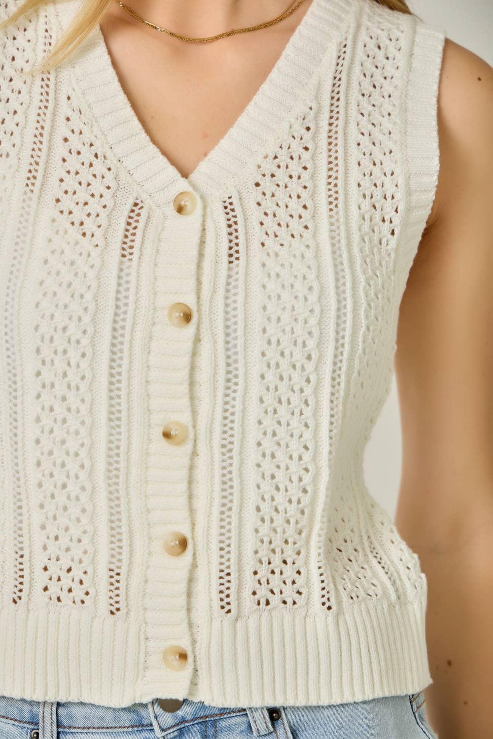 71168 Pointelle Knitted Button Up Vest: Off White / Medium