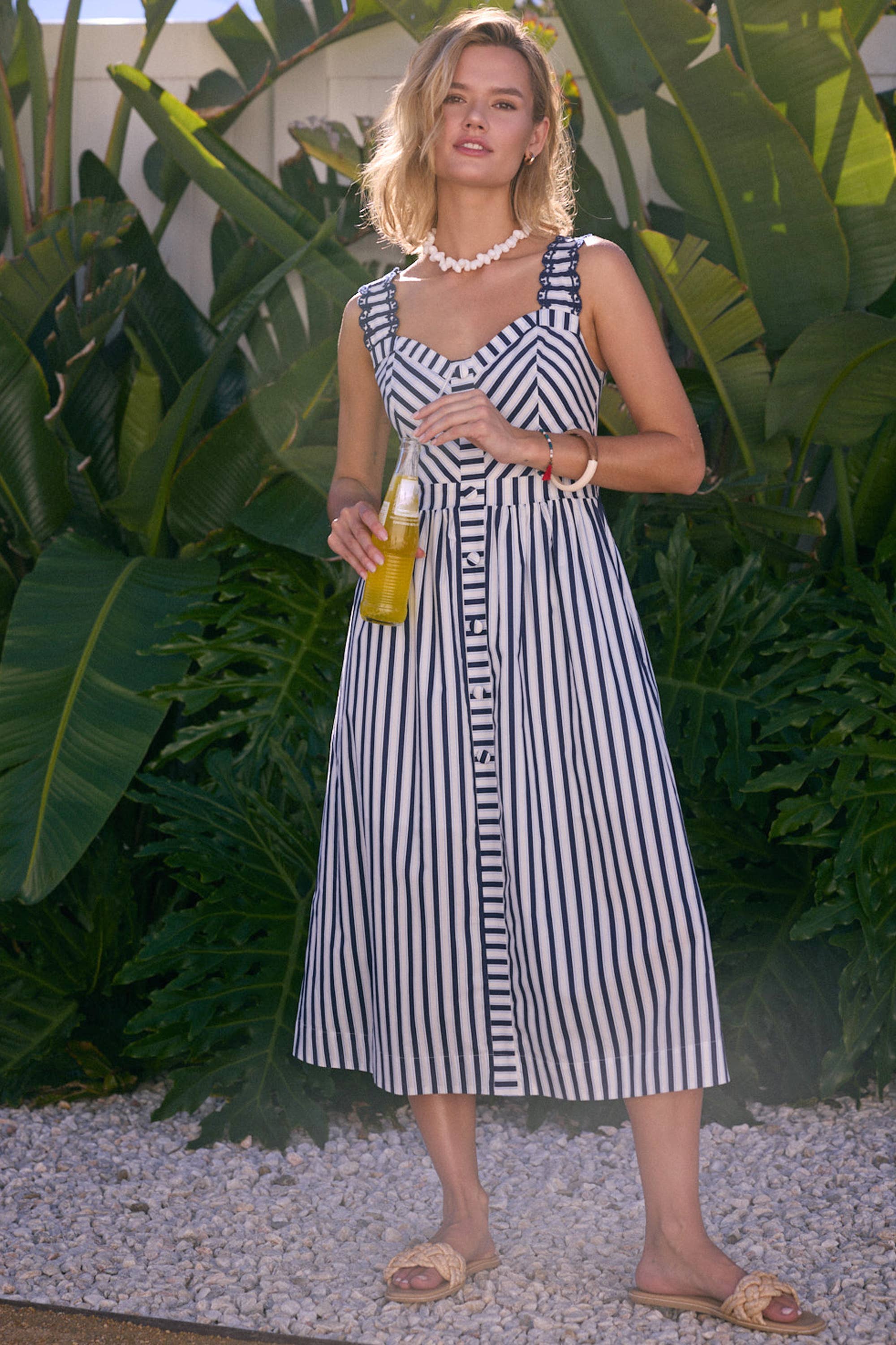 Embroidered Striped Midi Dress – Navy & White