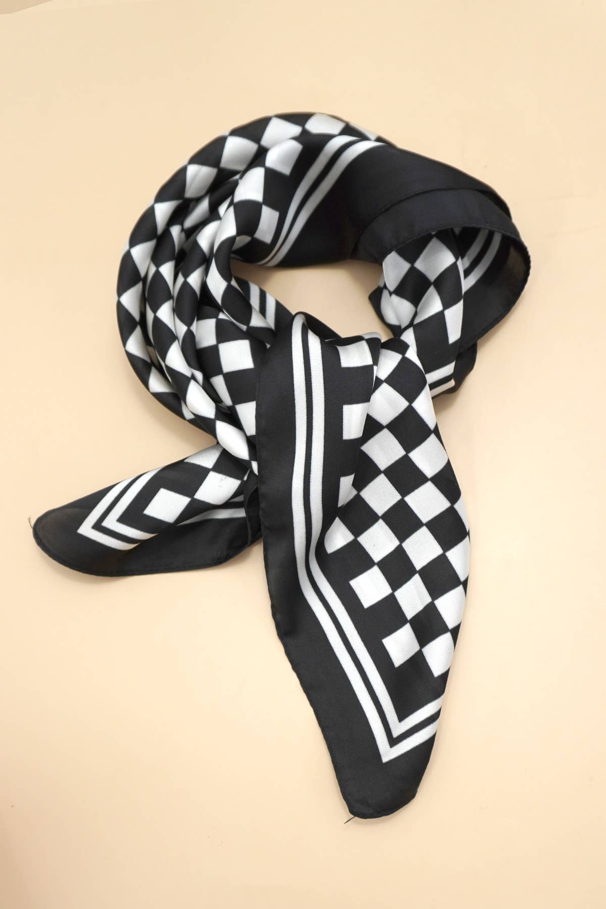 Black Large Checker Print Silky Bandana Scarf