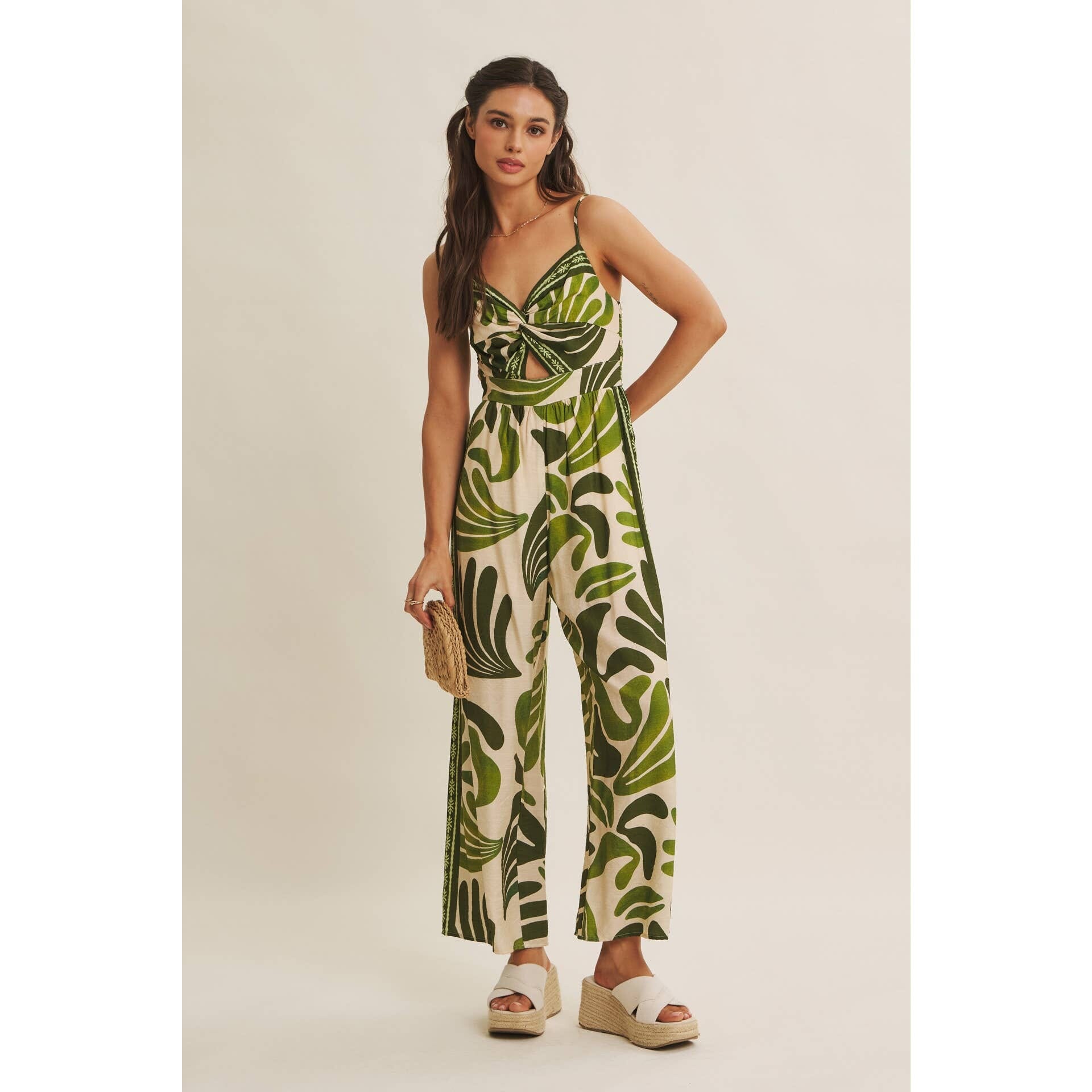 ISLAND BREEZE BORDER PRINT KNOT FRONT WIDE-LEG JUMPSUIT: OLIVE / L