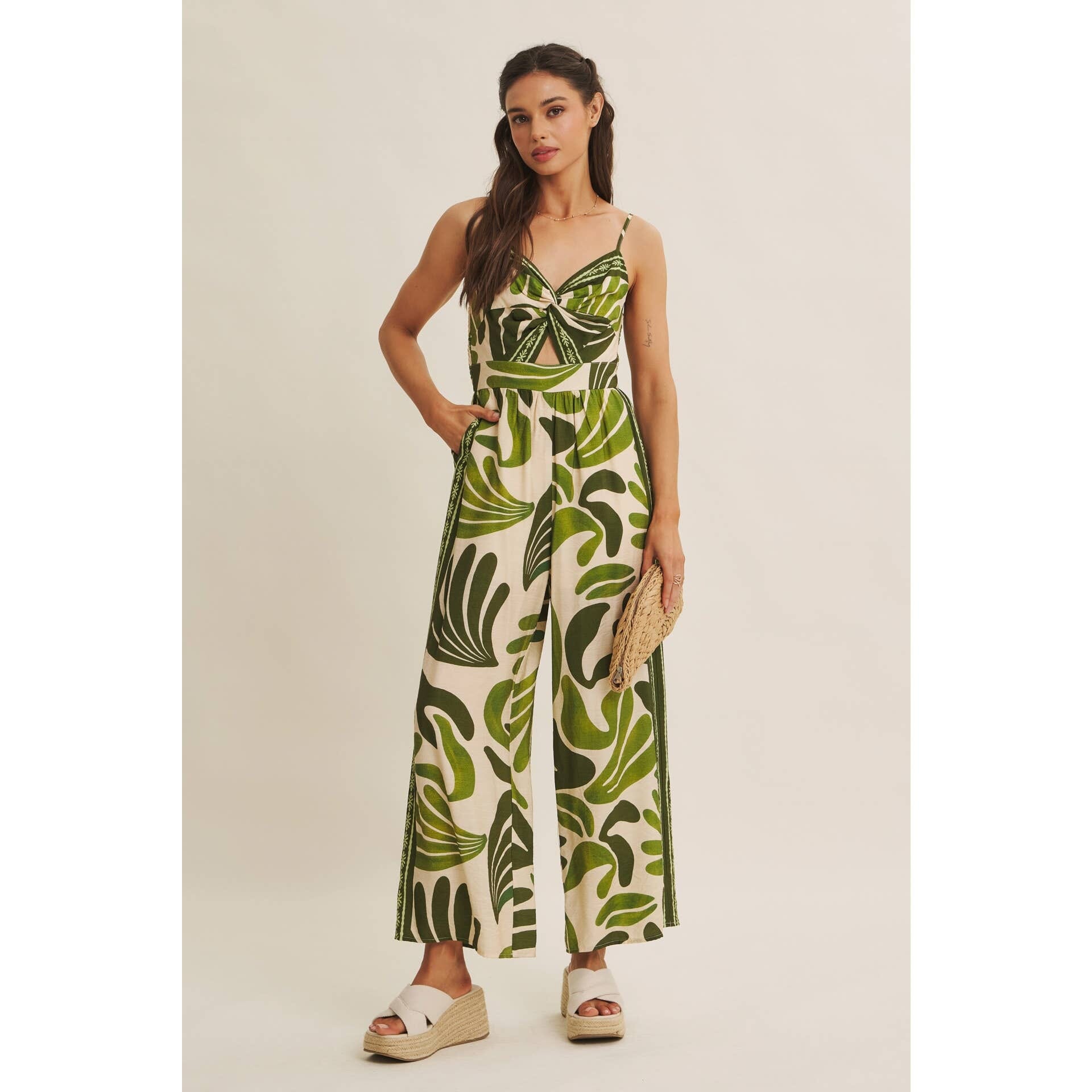 ISLAND BREEZE BORDER PRINT KNOT FRONT WIDE-LEG JUMPSUIT: OLIVE / L