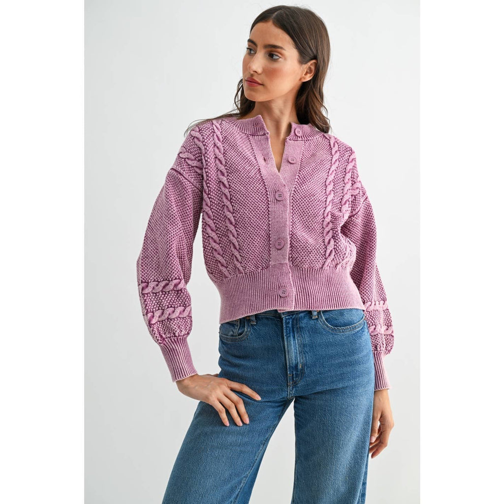 CEW26163 WASHED BLENDED BERRY CABLE KNIT CARDIGAN: BERRY / S-M-L(3-2-1)