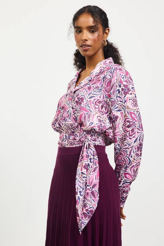 Long Sleeve Wrap Style Waist Tie Top: Plum-Multi / L