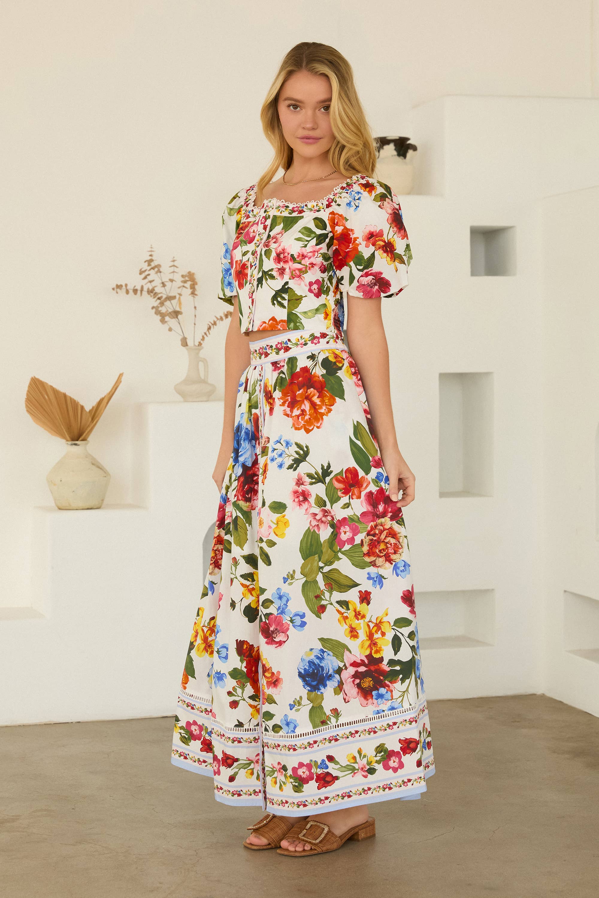 Floral Border Puff Sleeve Smocked Crop Top: White Multi / XS | Stella & Grace Boutique .