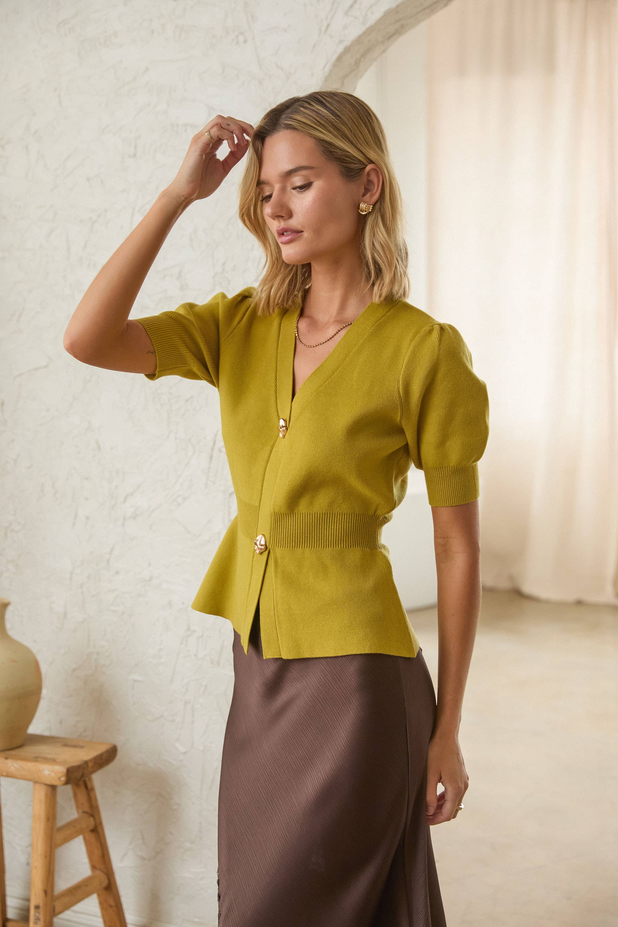 Ribbed Short Sleeve Cardigan with Gold Buttons: Chartreuse / XS