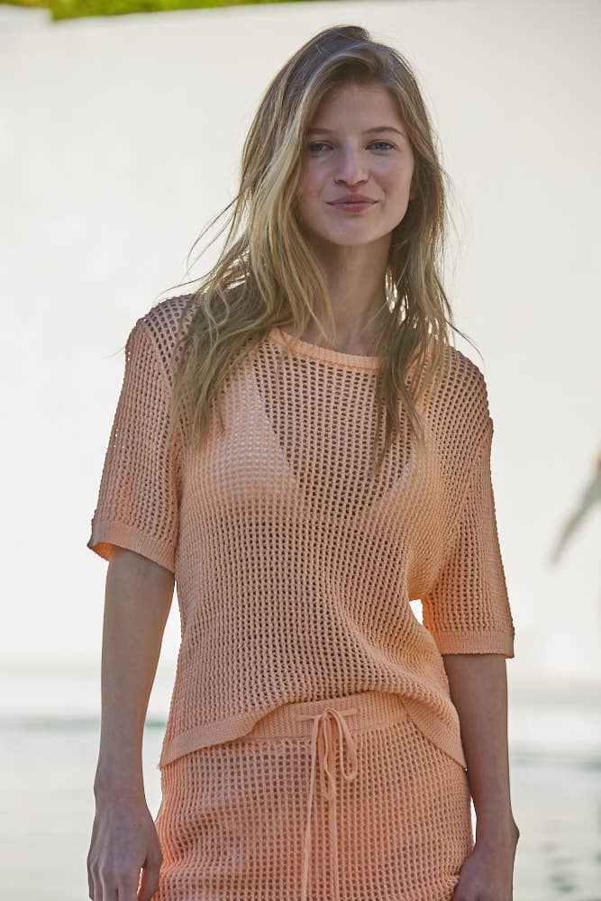 W1839 | Knit Sweater Viscose Nylon See Through Crew Neck Top: Light Coral / S