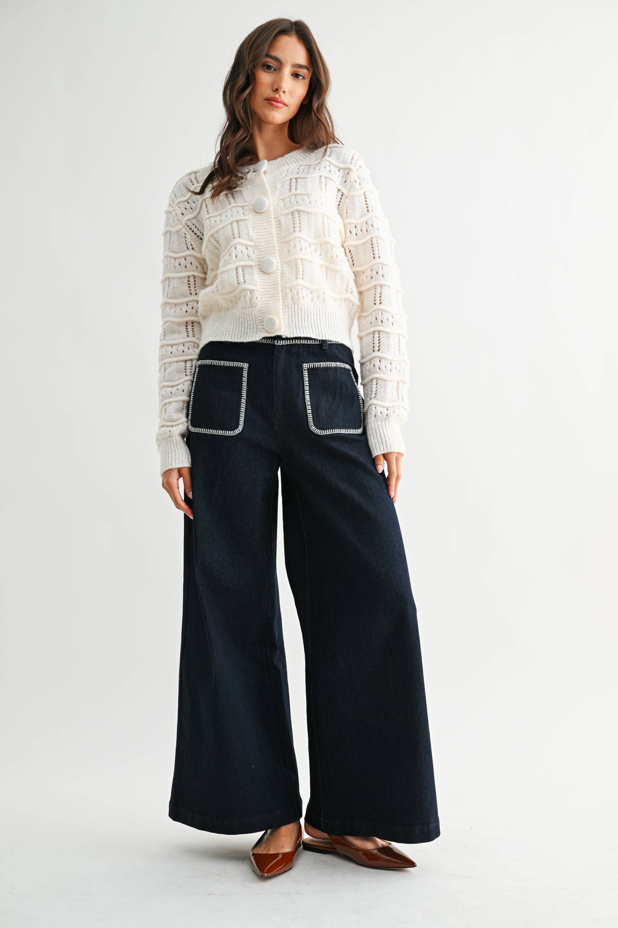 TEXTURED KNIT BUTTON FRONT CARDIGAN - CWT26598: CREAM / S-M-L (3-2-1)