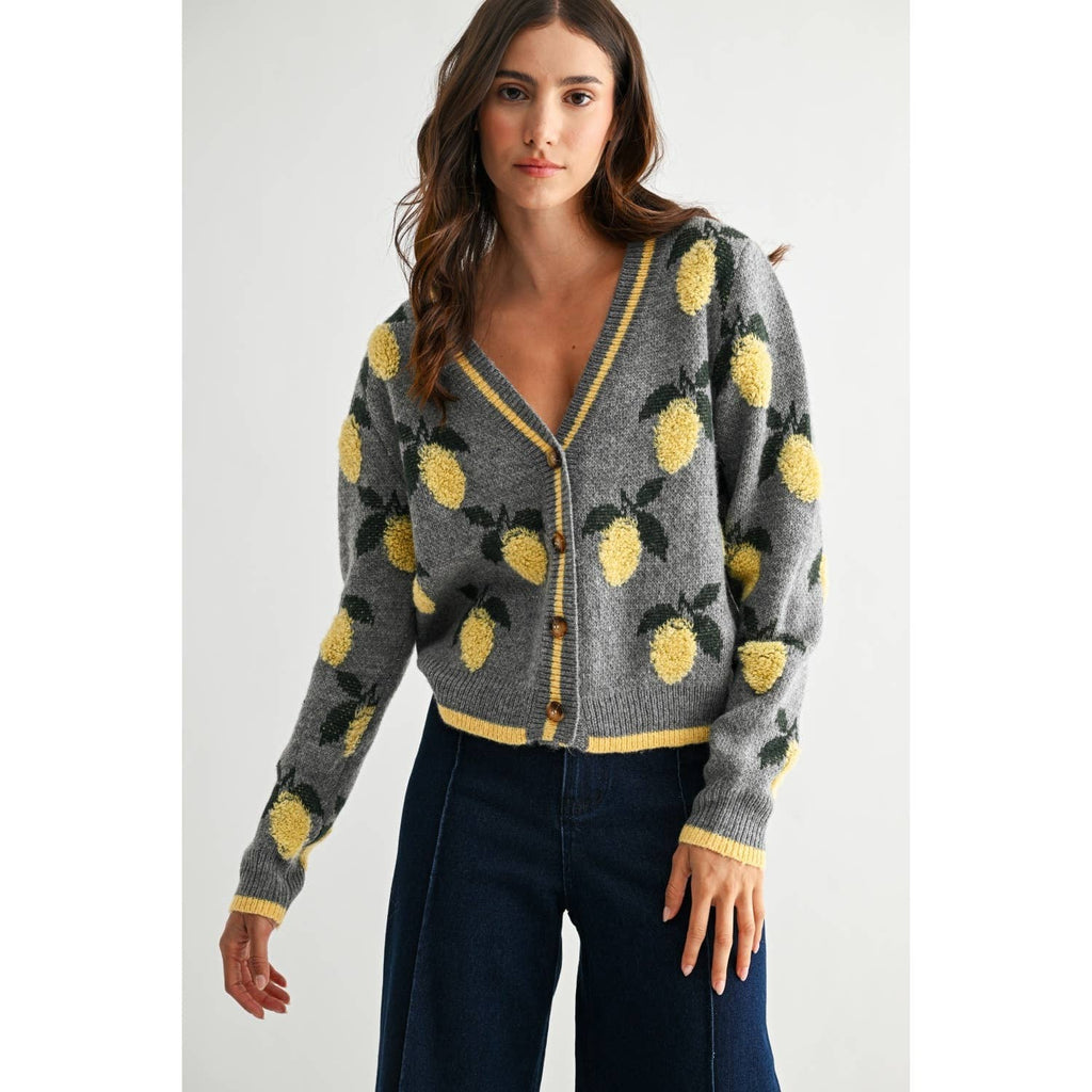 LEMON PETTERN BUTTON-UP CARDIGAN: HEATHER GREY/YELLOW MULTI / S-M-L(3-2-1)