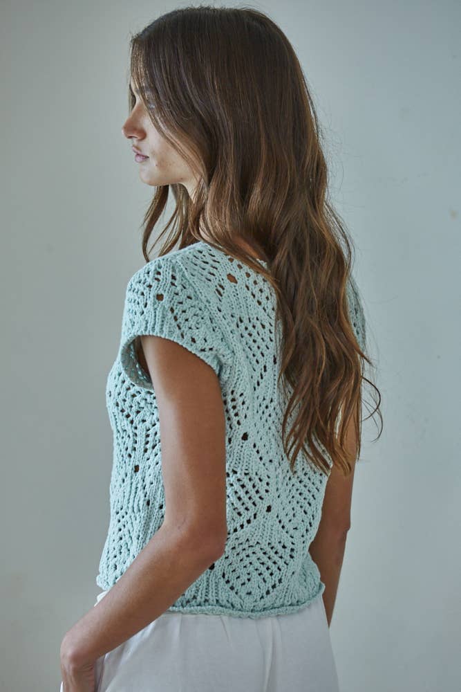 W2030 | Knit Sweater Cotton Crochet V-Neck Cap Sleeve Top: Light Mint / S
