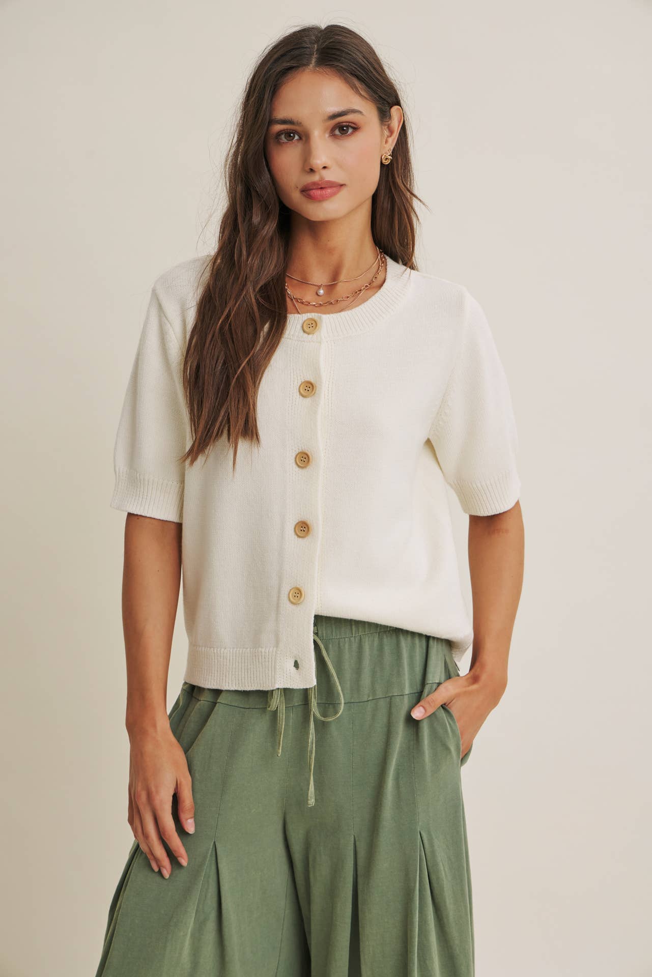 WEEKEND COFFEE MINIMAL SILHOUETTE COTTON CARDIGAN: IVORY / S