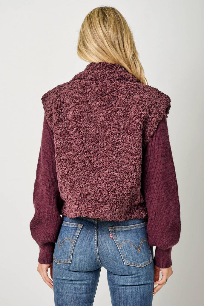 61251 Mixed Media Sweater Jacket: Merlot / Small