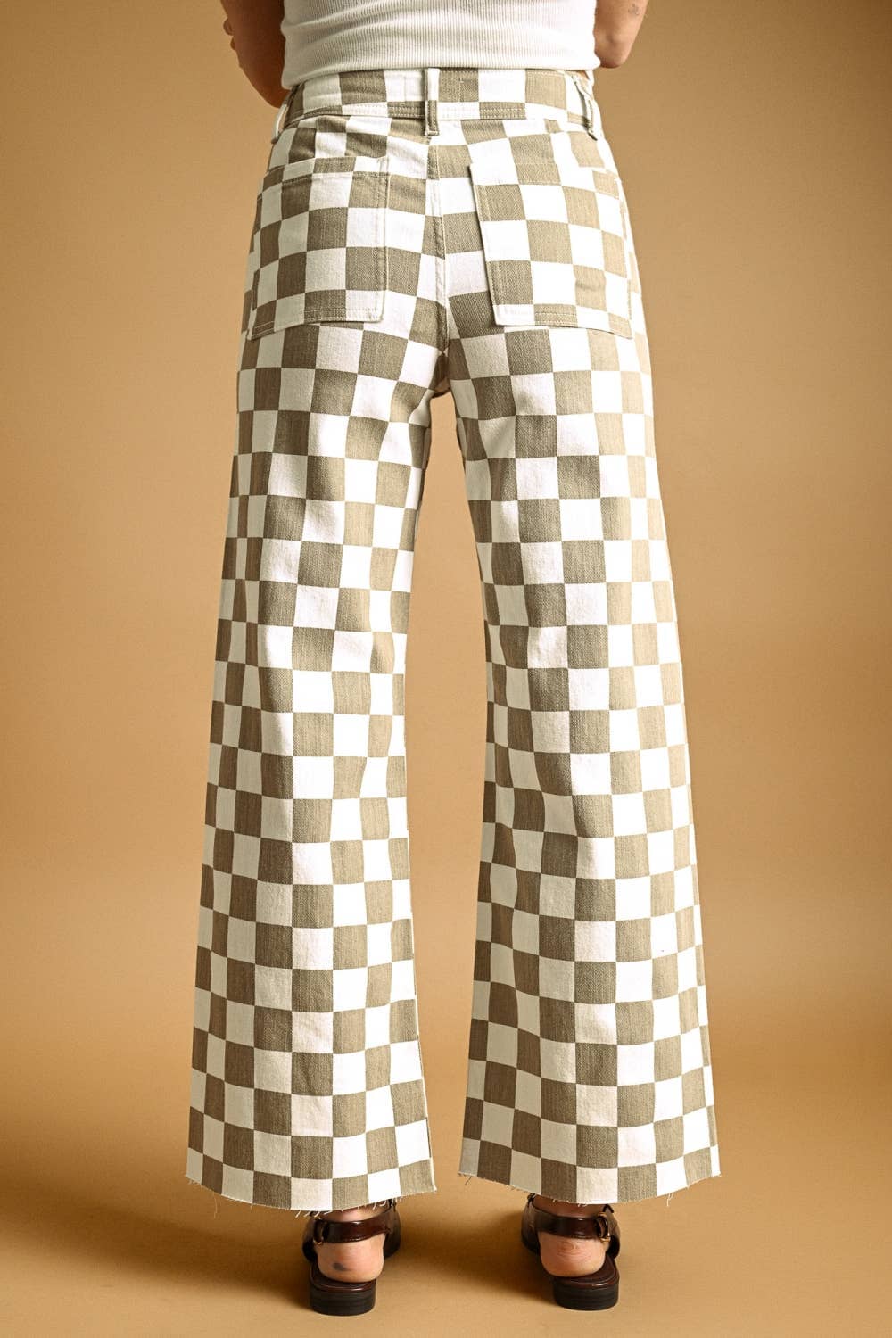 P7497 CHECKER BOARD STREATCH PANTS: TAN / S
