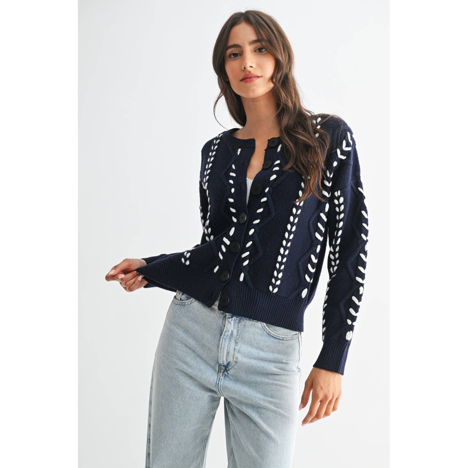 TORI RIBBON STITCH CABLE KNIT CARDIGAN : INDIGO/WHITE / S-M-L(3-2-1)