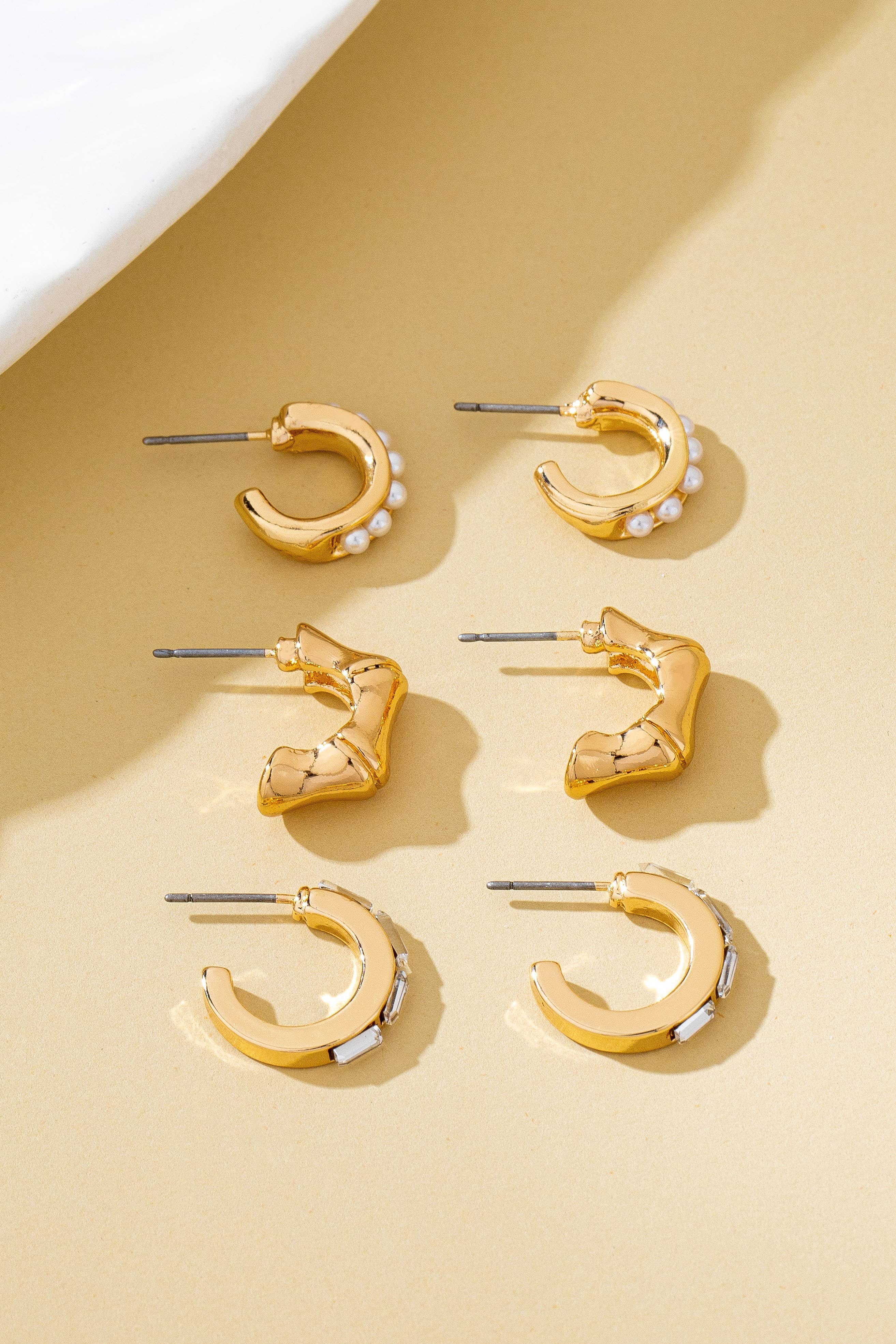 Pearl Rhinestone Multi Hoop Trio Earrings | 80E62031: GOLD