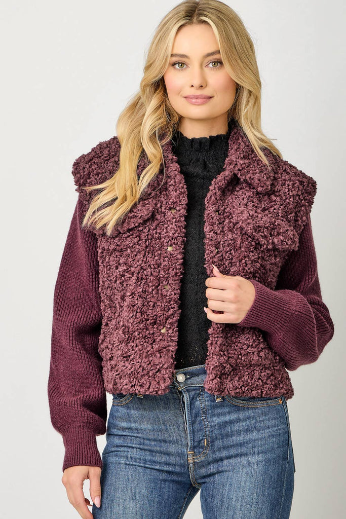 61251 Mixed Media Sweater Jacket: Merlot / Small