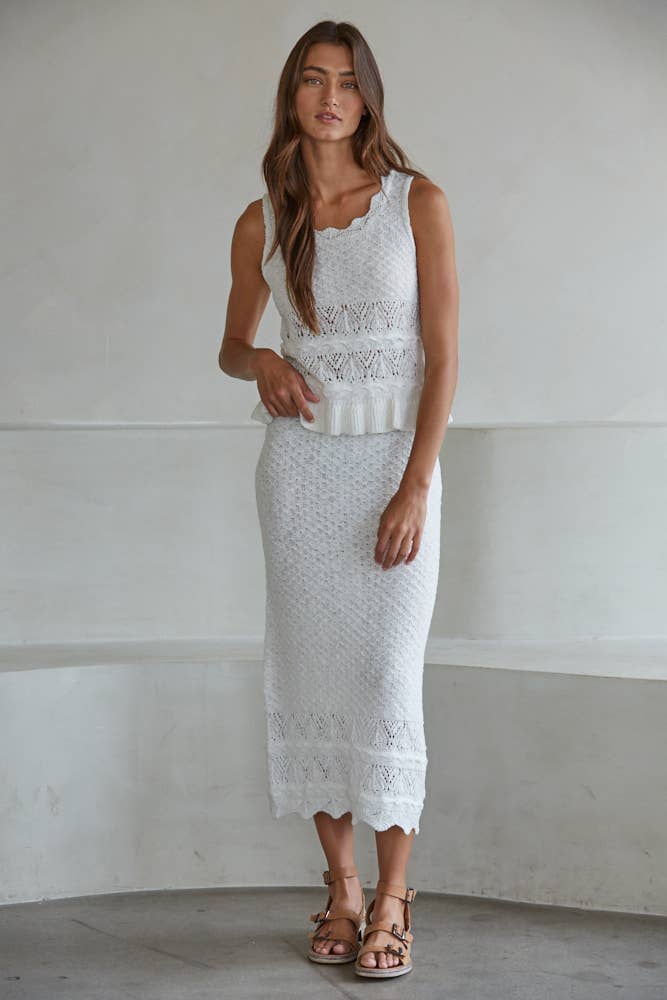 W2389T | Knit Sweater Cotton Acrylic Polyester Crochet Top : White / S