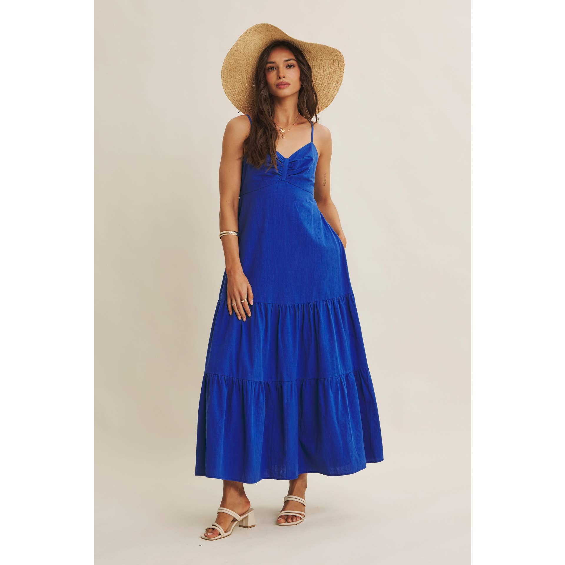 ISLAND SUNSET AIRY COTTON SMOCKED BACK RUCHED MAXI DRESS: ROYAL BLUE / S | Stella & Grace Boutique .
