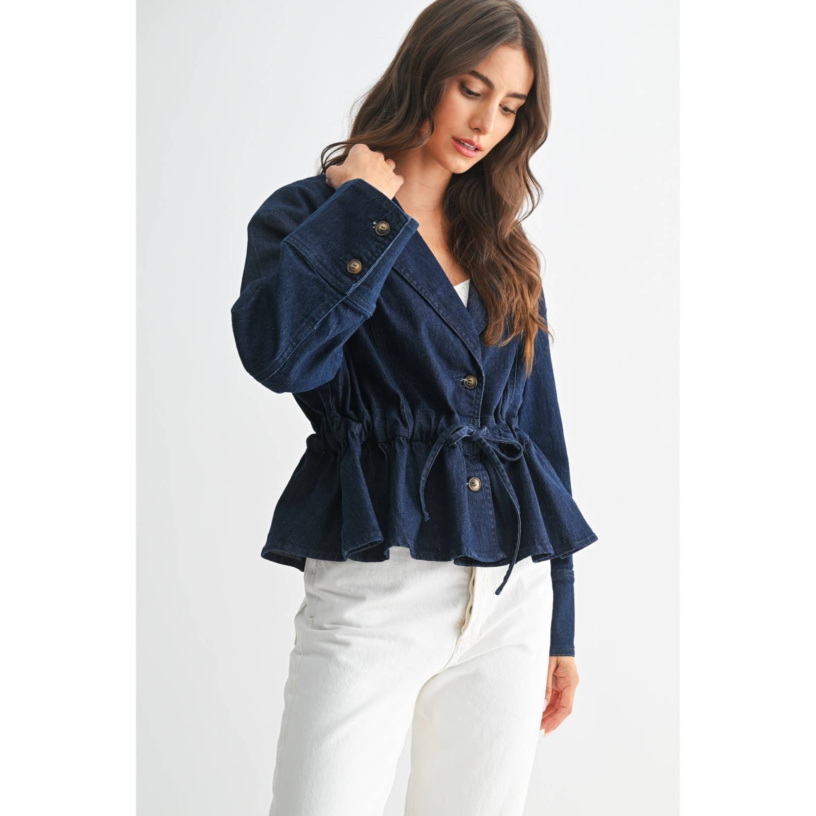 PREMIUM DENIM JACKET WITH ADJUSTABLE WAIST: DARK DENIM / S-M-L(3-2-1)