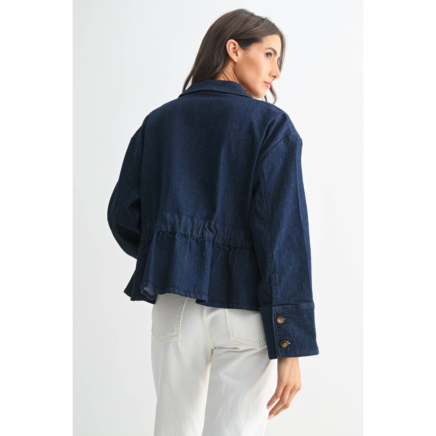 PREMIUM DENIM JACKET WITH ADJUSTABLE WAIST: DARK DENIM / S-M-L(3-2-1)