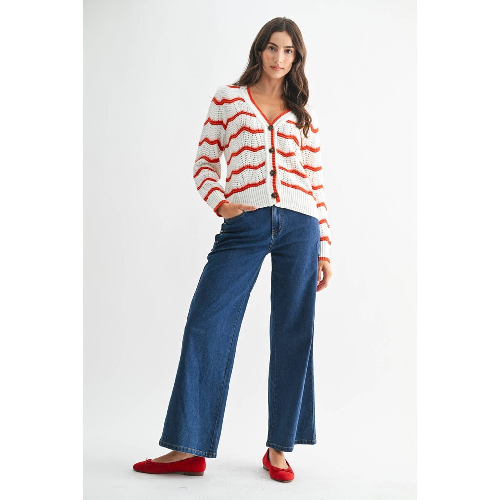 CHEVRON STRIPE BUTTON-UP KNIT CARDIGAN: CREAM/RUST MULTI / S-M-L(3-2-1)