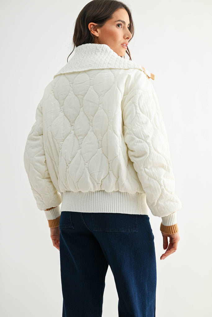 CONTRAST TRIM QUILTED KNIT JACKET - CJ25541: CREAM/CAMEL / S-M-L (3-2-1)