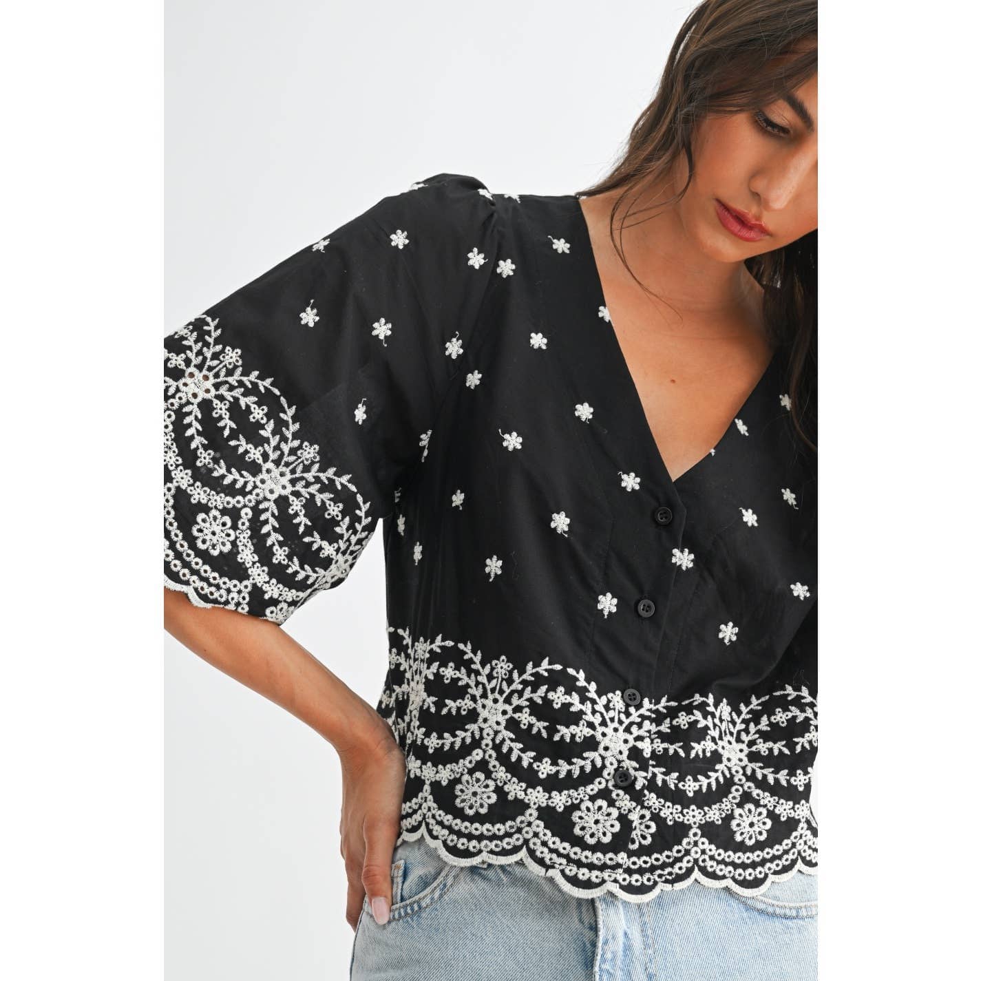 BLACK EMBROIDERED BLOUSE TOP: BLACK / S-M-L(3-2-1)