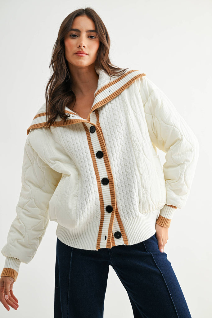 CONTRAST TRIM QUILTED KNIT JACKET - CJ25541: CREAM/CAMEL / S-M-L (3-2-1)