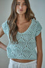 W2030 | Knit Sweater Cotton Crochet V-Neck Cap Sleeve Top: Light Mint / S
