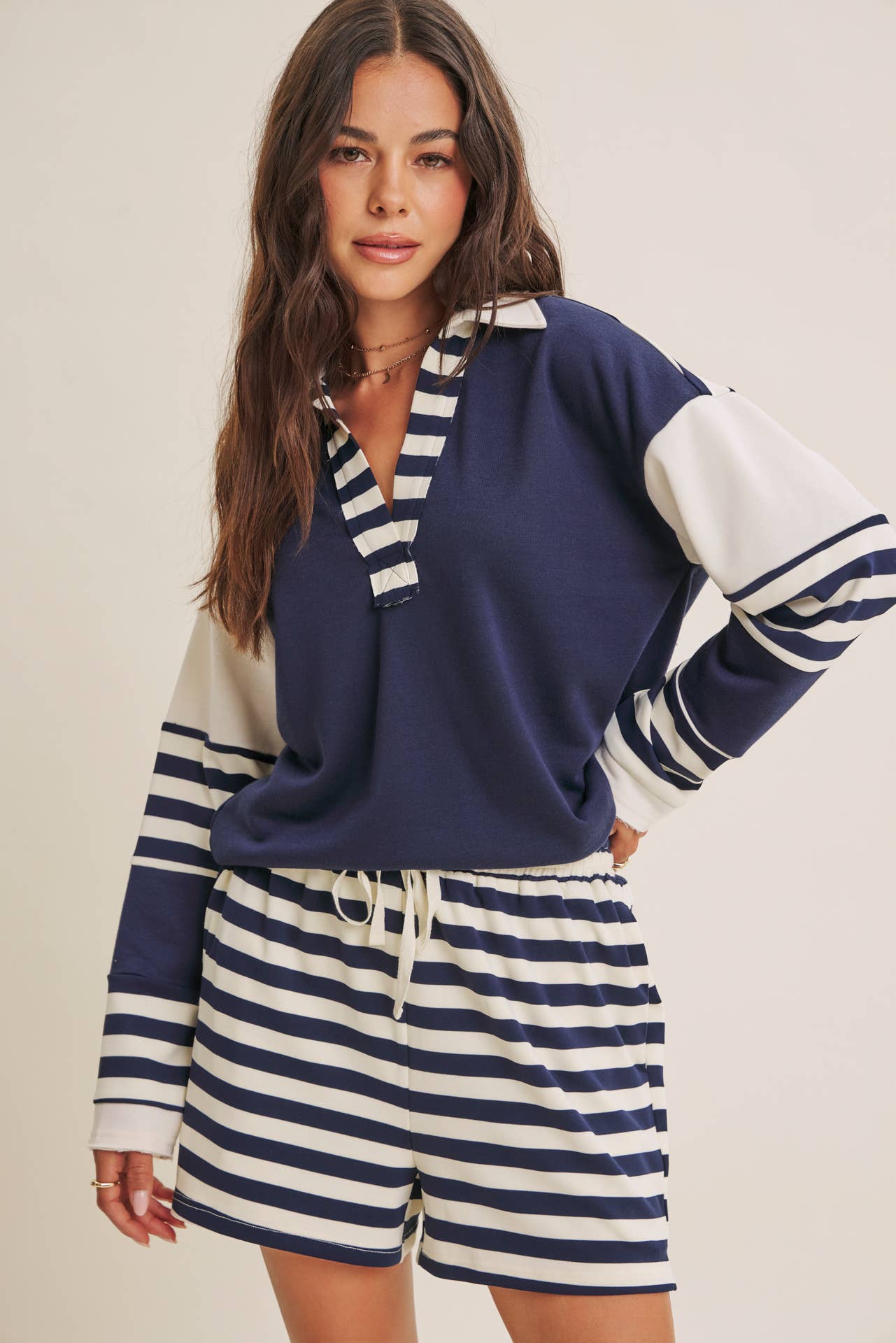 FRESH COASTAL STRIPE MIX RELAXED FIT FRENCH TERRY TOP: TWILIGHT BLUE / S | Stella & Grace Boutique .