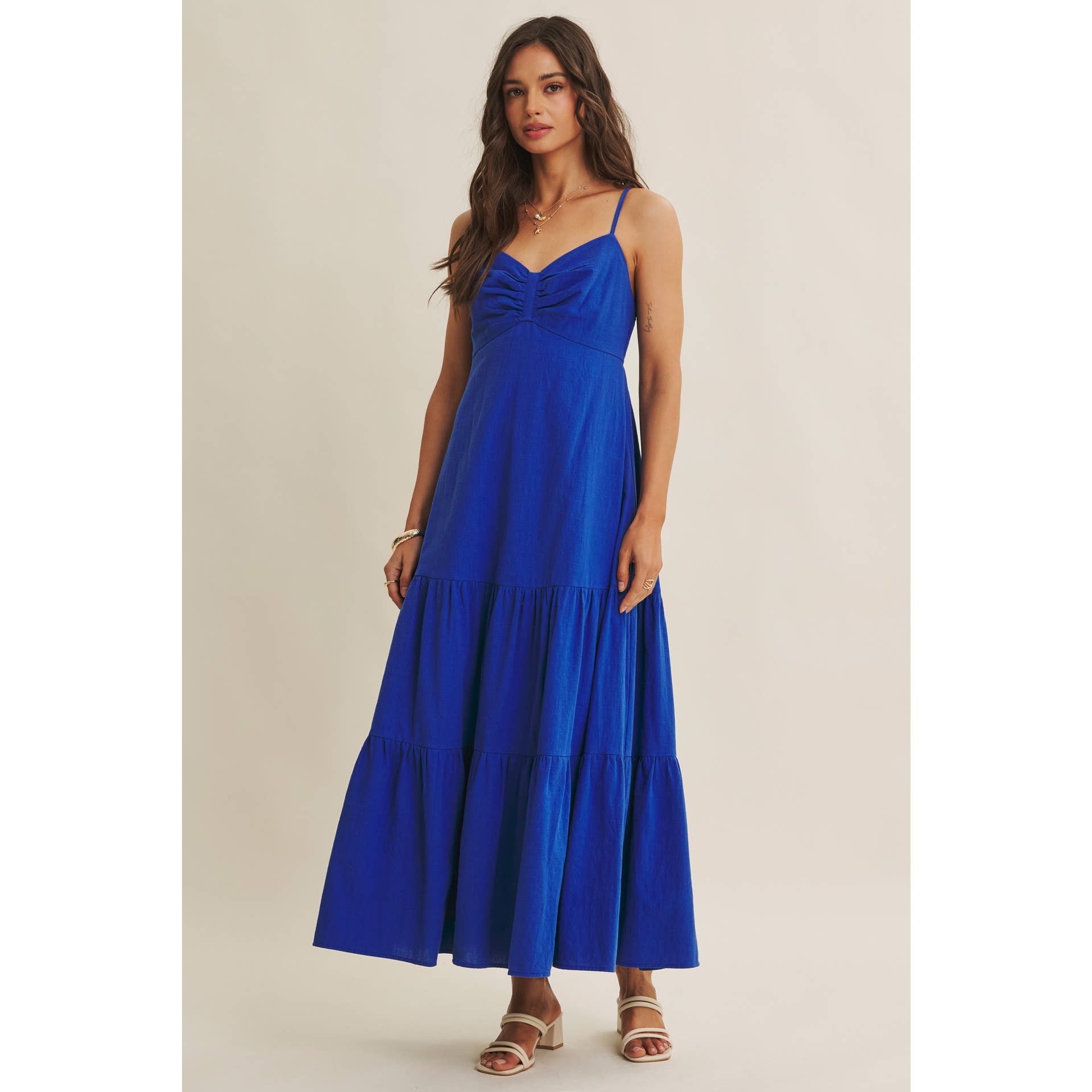 ISLAND SUNSET AIRY COTTON SMOCKED BACK RUCHED MAXI DRESS: ROYAL BLUE / S | Stella & Grace Boutique .