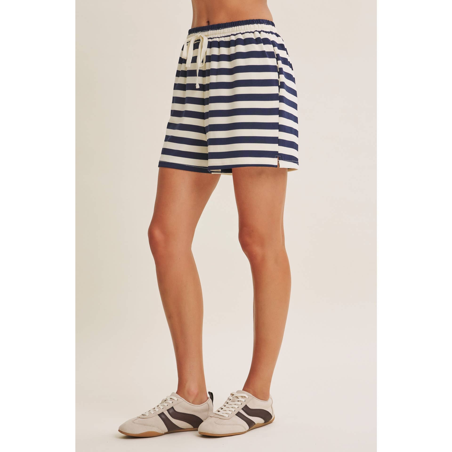 FRESH COASTAL STRIPE RELAXED FIT FRENCH TERRY LOUNGE SHORTS: TWILIGHT BLUE / S | Stella & Grace Boutique .