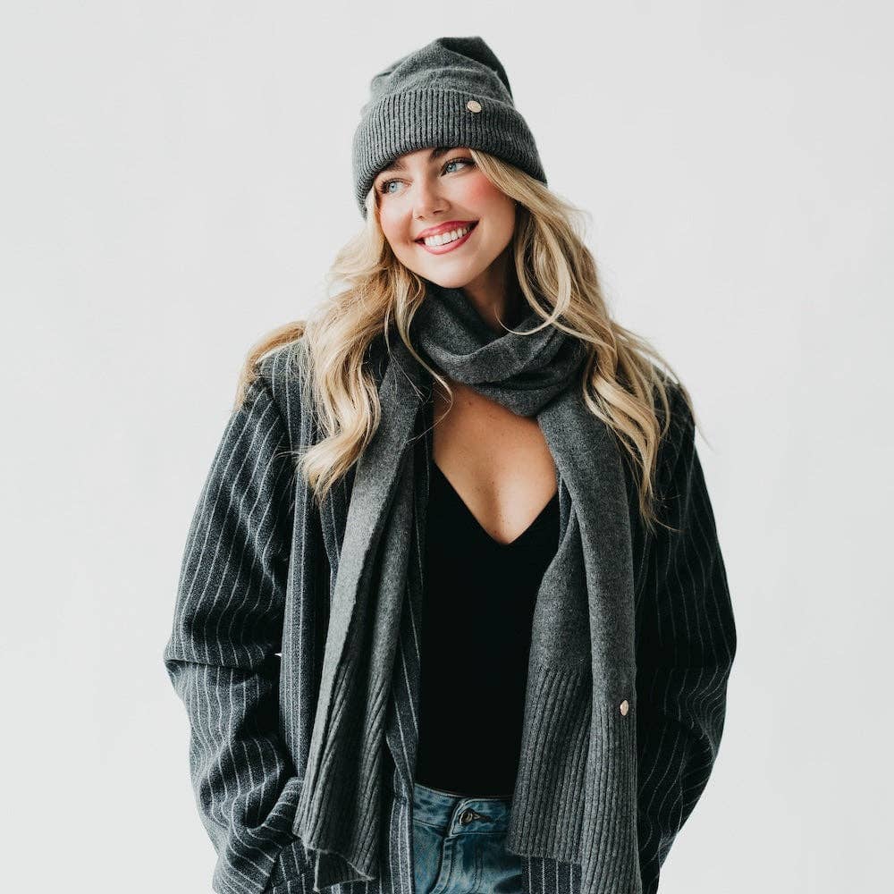 Cassidy Cashmere Wrap and Beanie Duo Wholesale: Charcoal