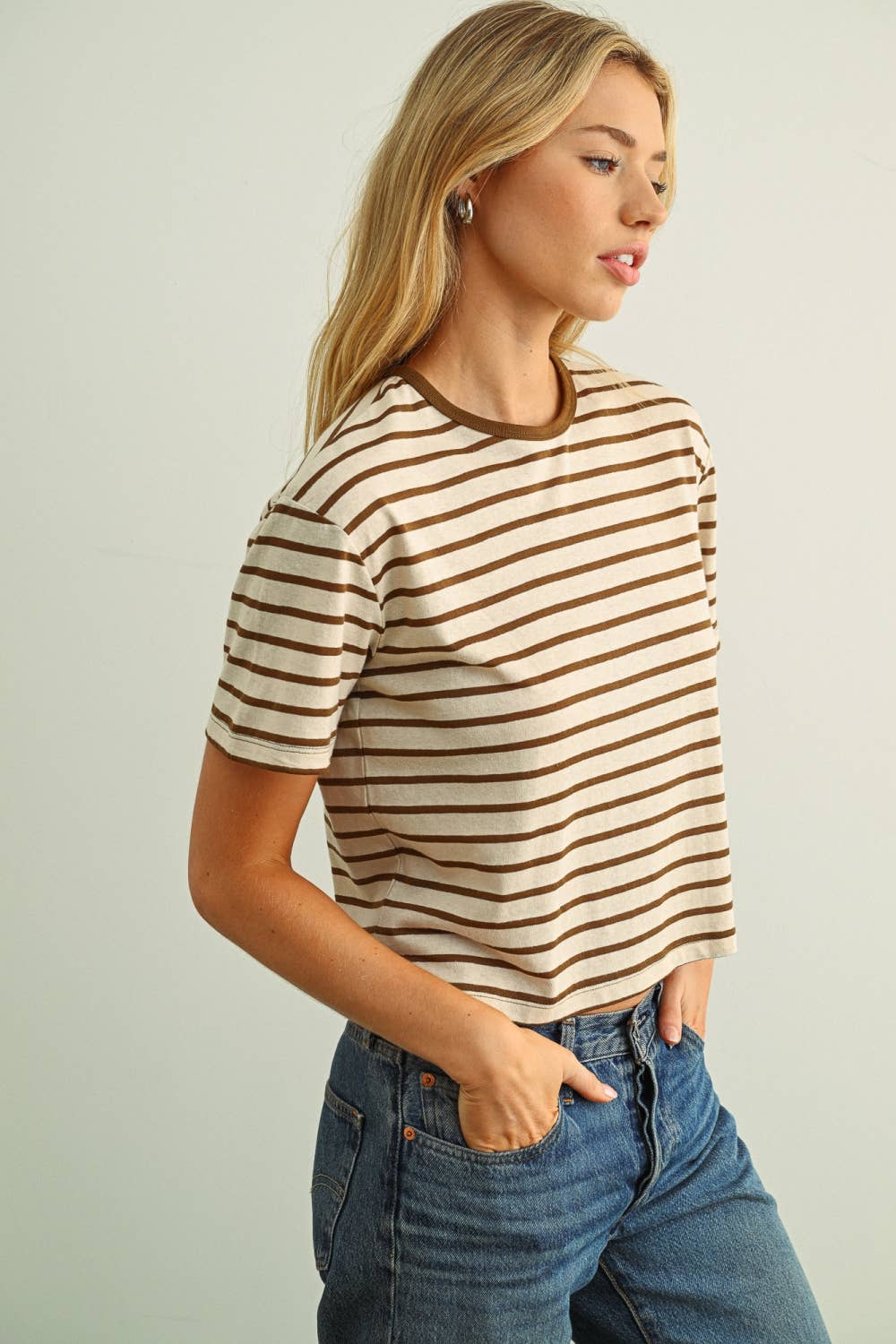 ET7452   ESSENTIAL STRIPE RINGER TEE: BROWN / S | Stella & Grace Boutique .