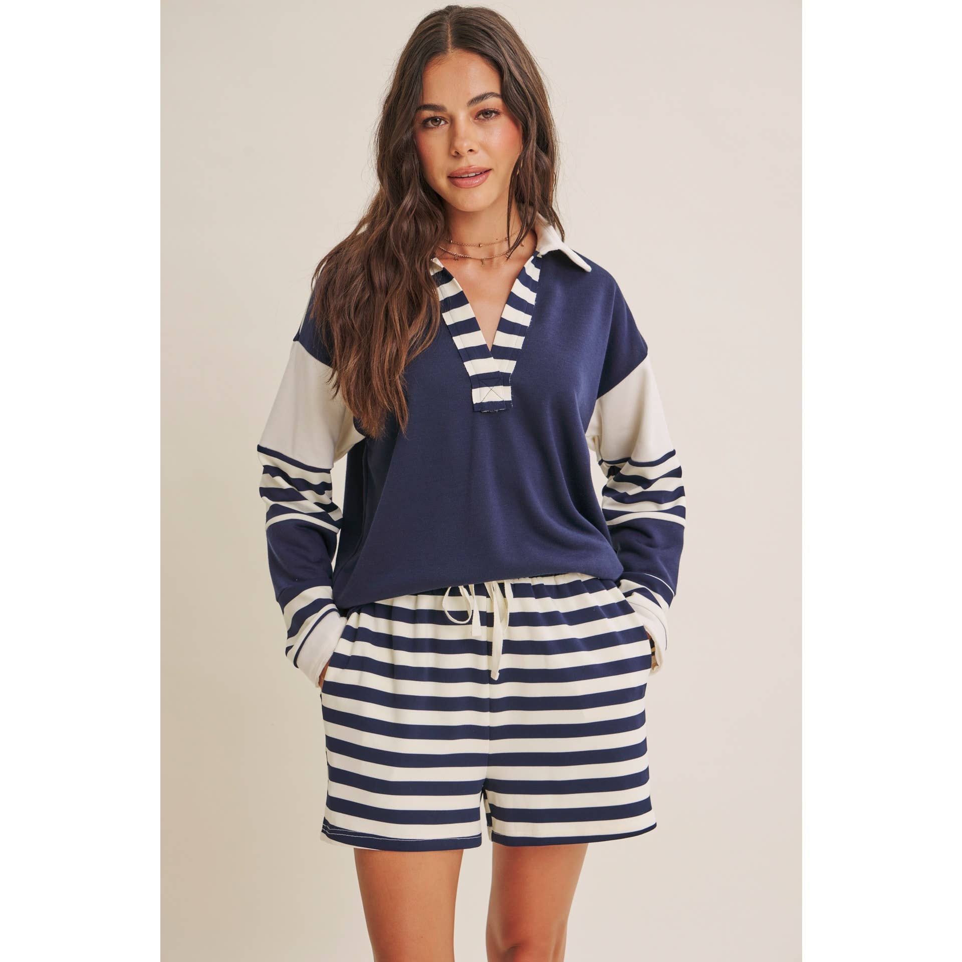 FRESH COASTAL STRIPE MIX RELAXED FIT FRENCH TERRY TOP: TWILIGHT BLUE / S | Stella & Grace Boutique .