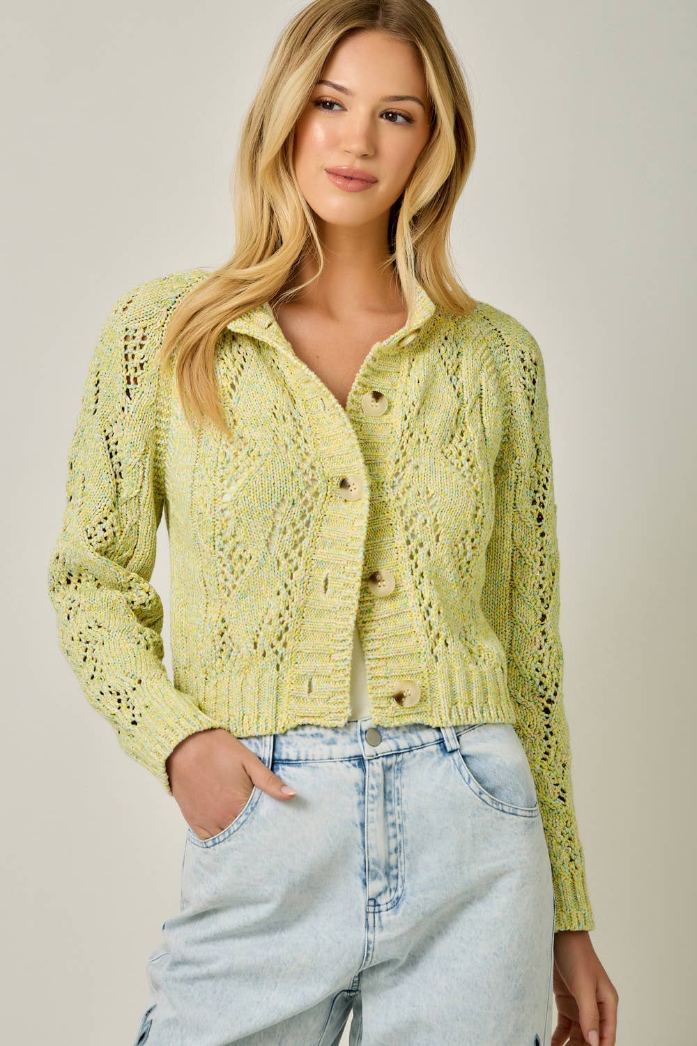 61380 Multicolor Cable Knit Cardigan: Yellow Multi / Medium