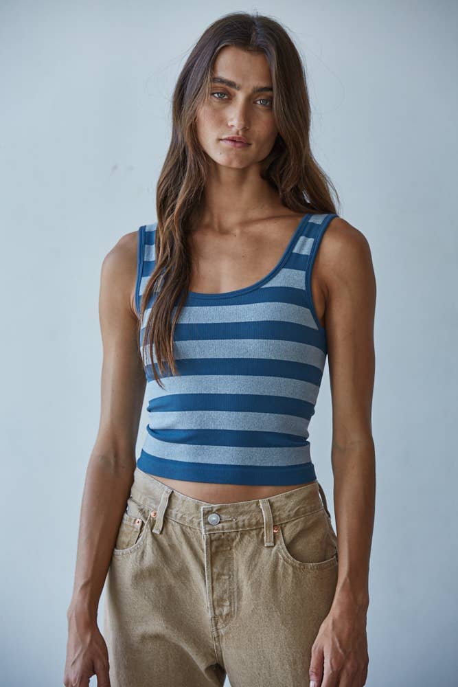 S1309N | Knit Striped Seamless Padded Tank Top : Navy / ML