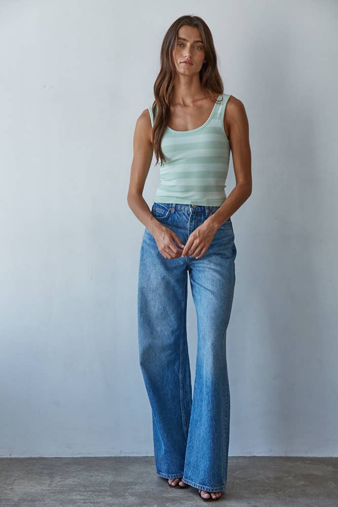 S1309N | Knit Striped Seamless Padded Tank Top : Dusty Mint / SM