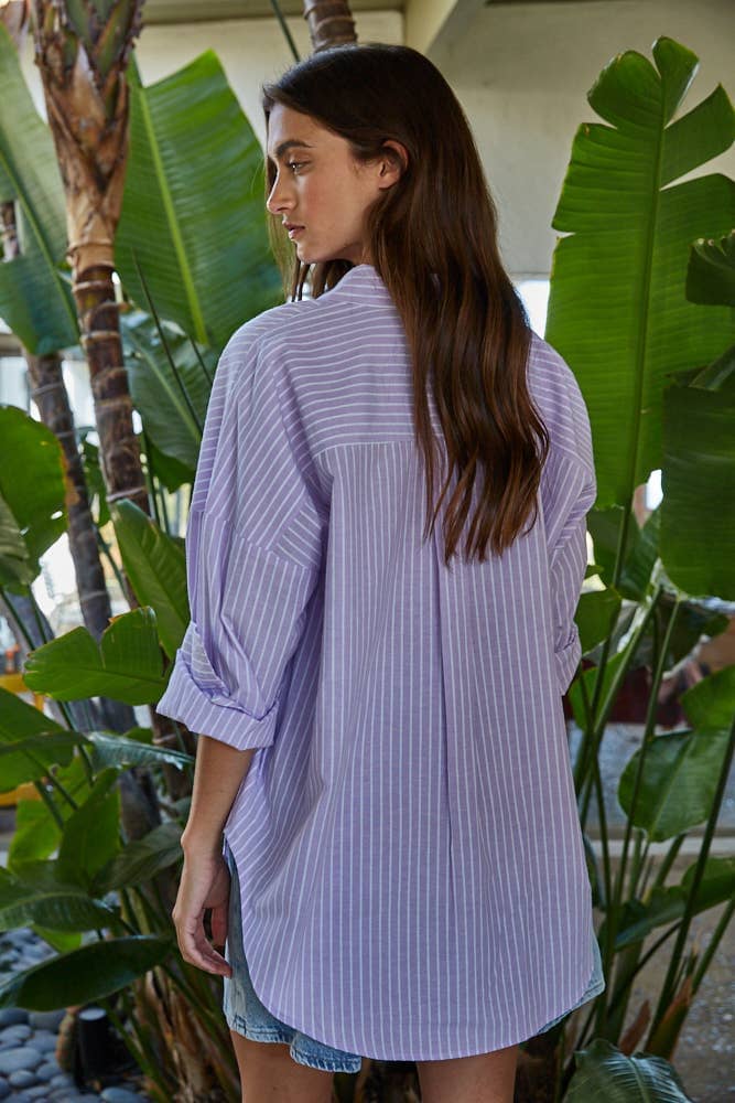 L8287 | Woven Cotton Polyester Striped Buttondown Shirt: Lavender / M
