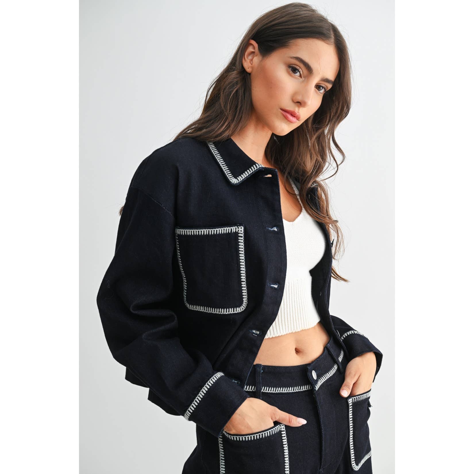 DENIM JACKET WITH CONTRAST STITCHING: DARK DENIM / S-M-L(3-2-1)