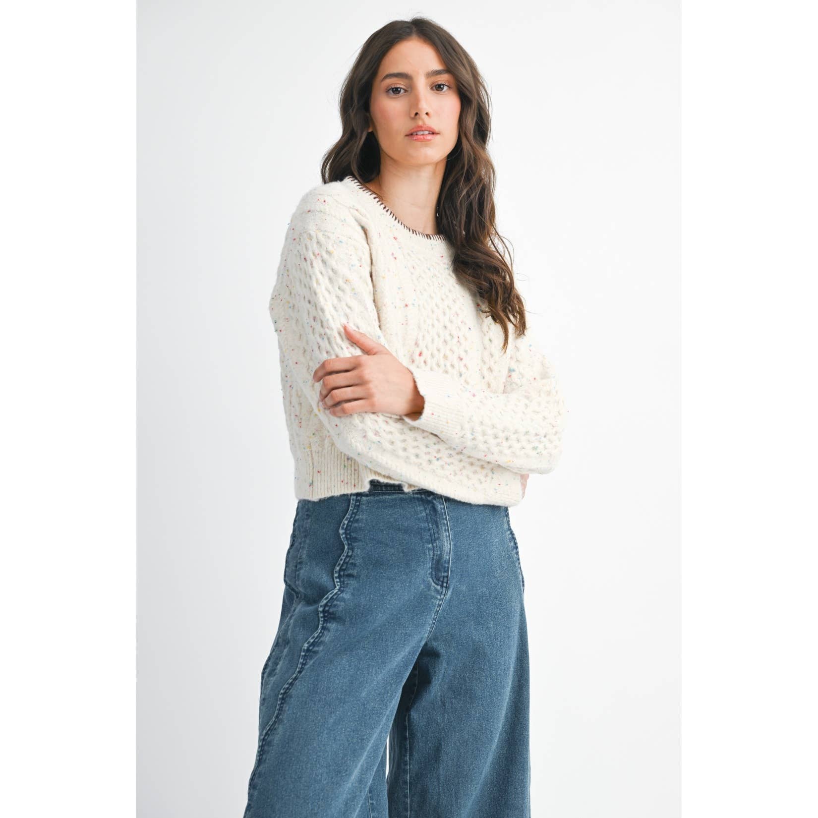 SPECKLED KNIT SWEATER: CREAM MULTI / S-M-L(3-2-1)