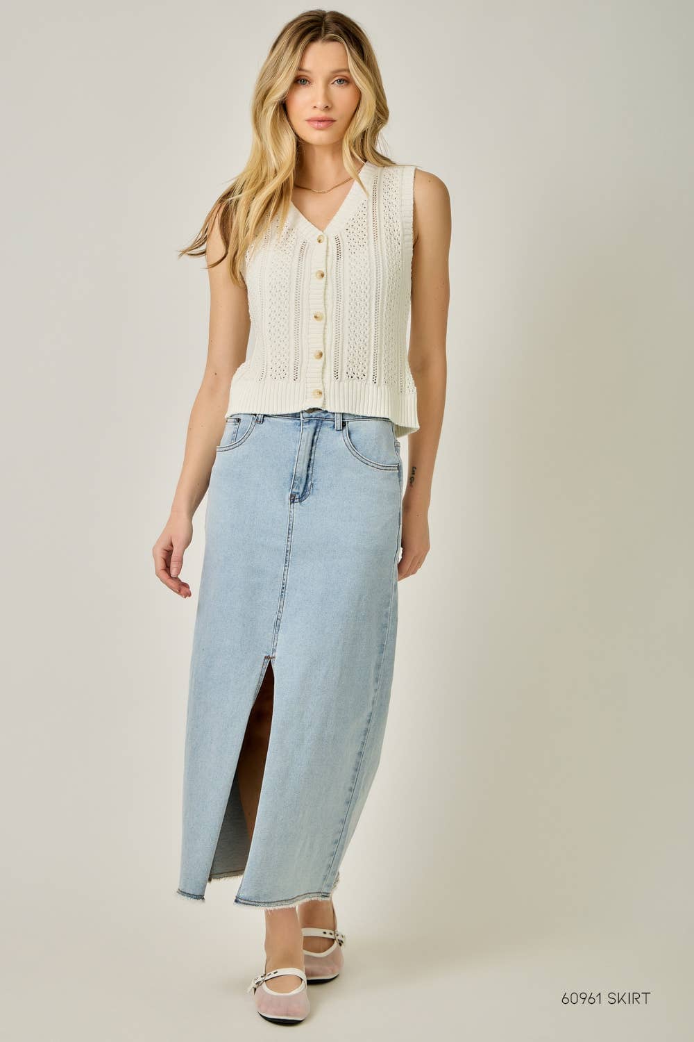 71168 Pointelle Knitted Button Up Vest: Off White / Medium