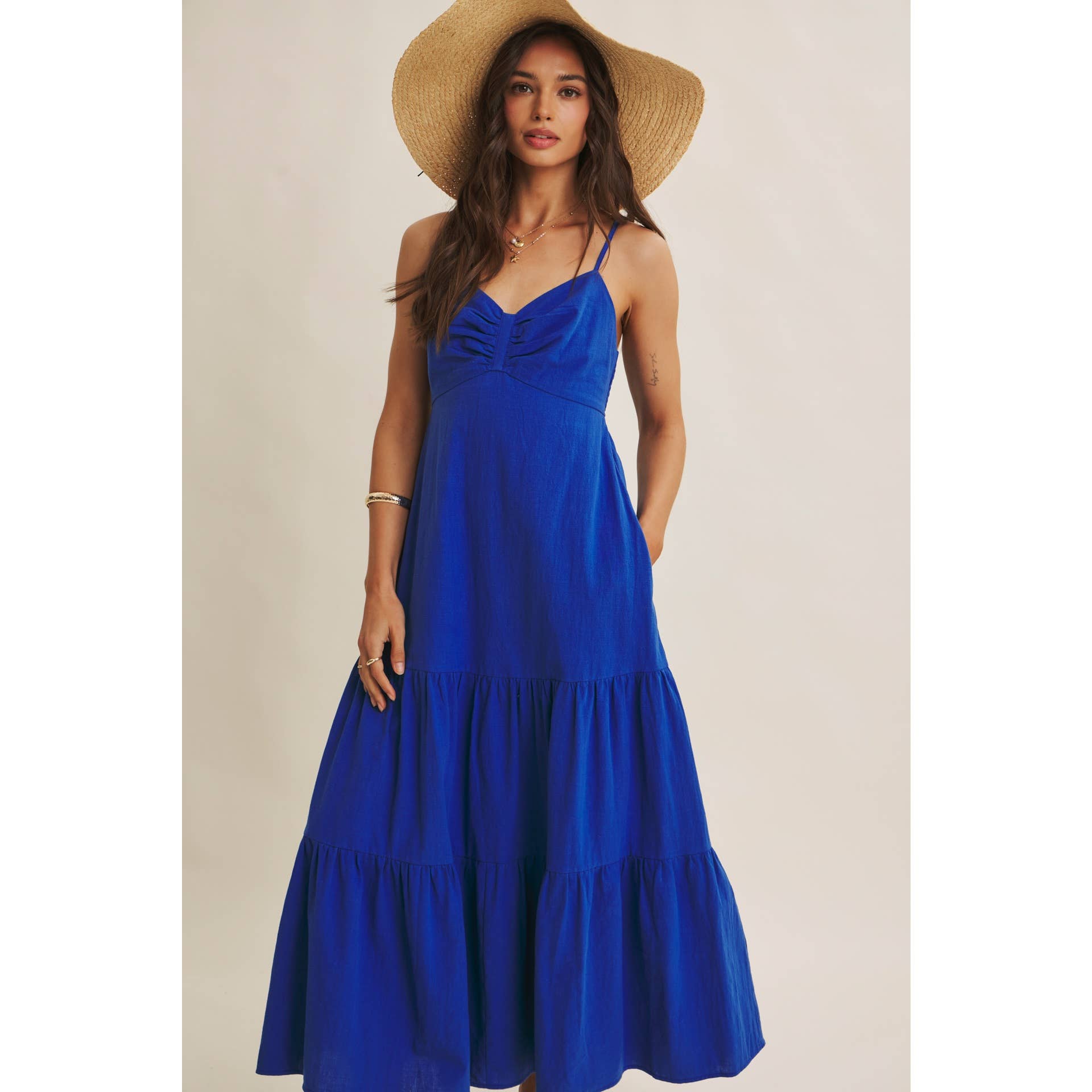 ISLAND SUNSET AIRY COTTON SMOCKED BACK RUCHED MAXI DRESS: ROYAL BLUE / S | Stella & Grace Boutique .