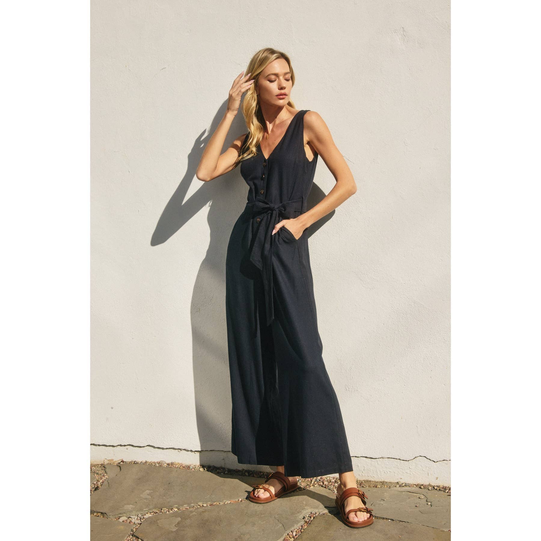 Heaven Sent Button Down Sash Belt Jumpsuit: NAVY / S-M-L(2-2-2)