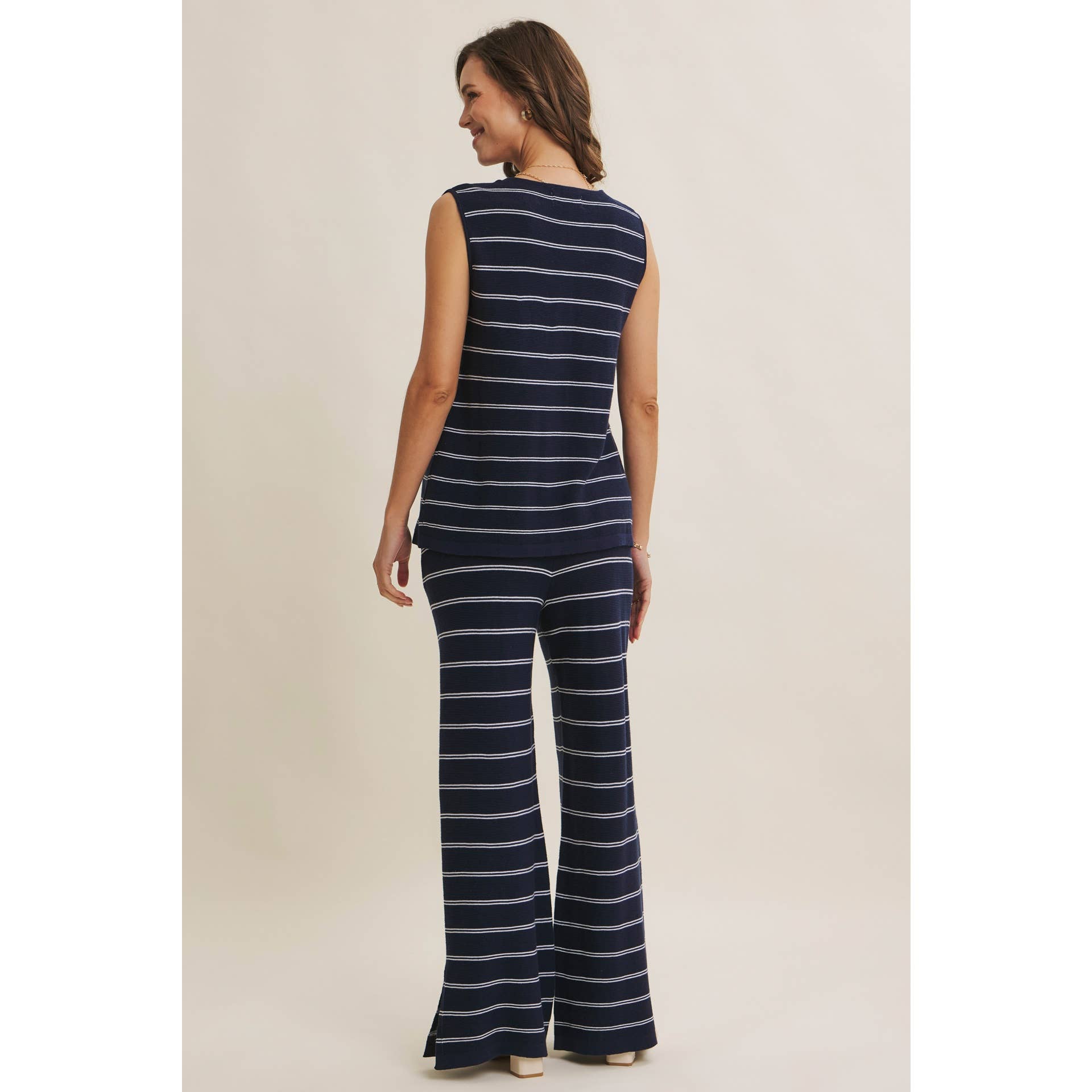 BAYSIDE LEISURE STRIPED WIDE-LEG SWEATER PANTS WITH SLITS: NAVY/CREAM / S | Stella & Grace Boutique .