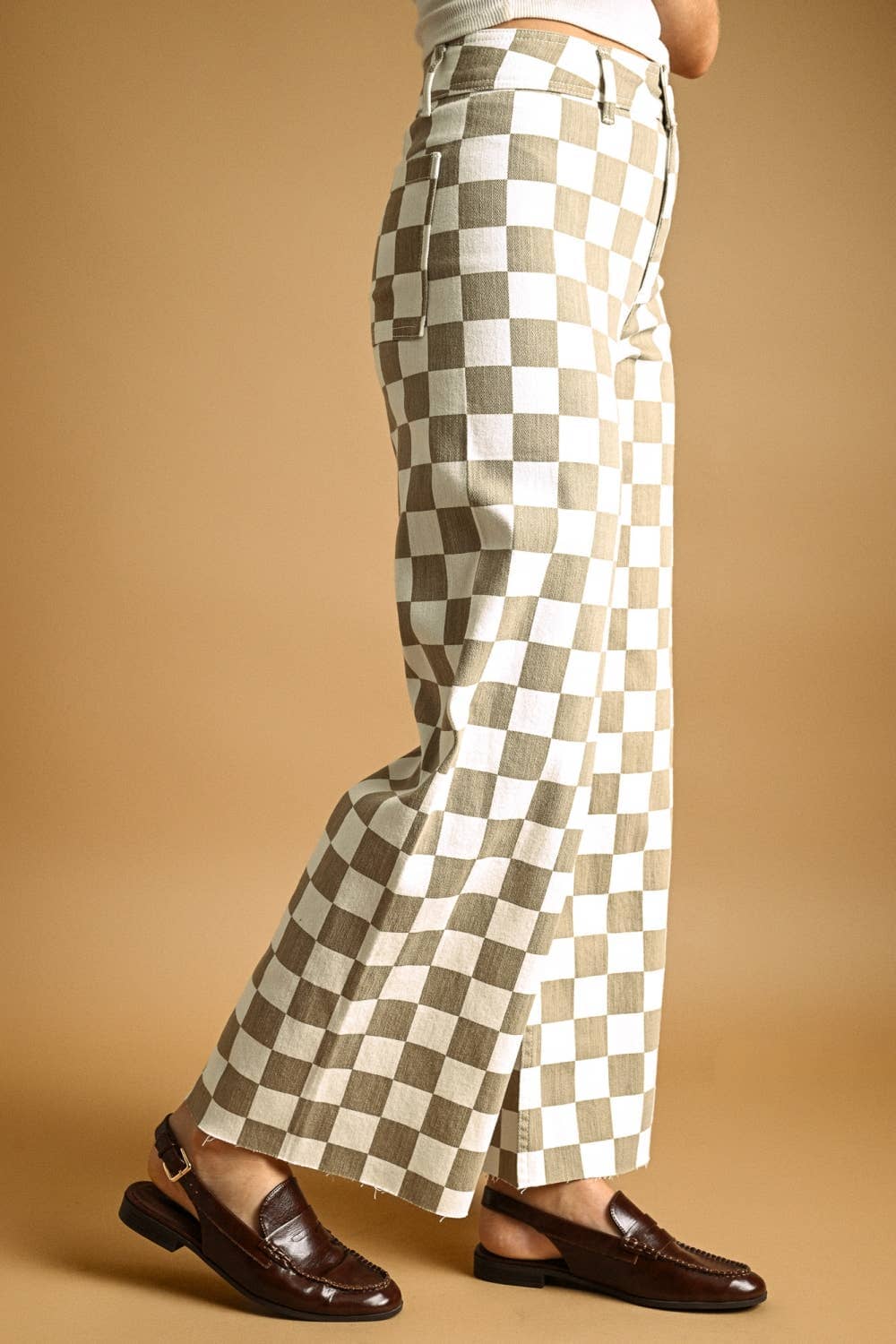 P7497 CHECKER BOARD STREATCH PANTS: TAN / S