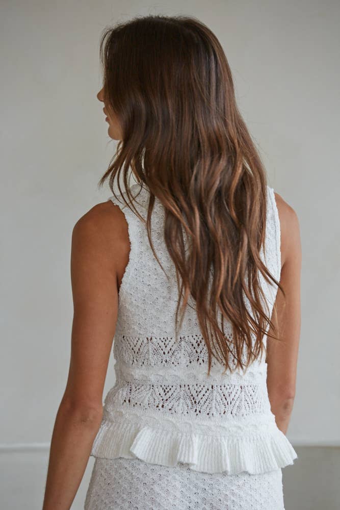 W2389T | Knit Sweater Cotton Acrylic Polyester Crochet Top : White / S