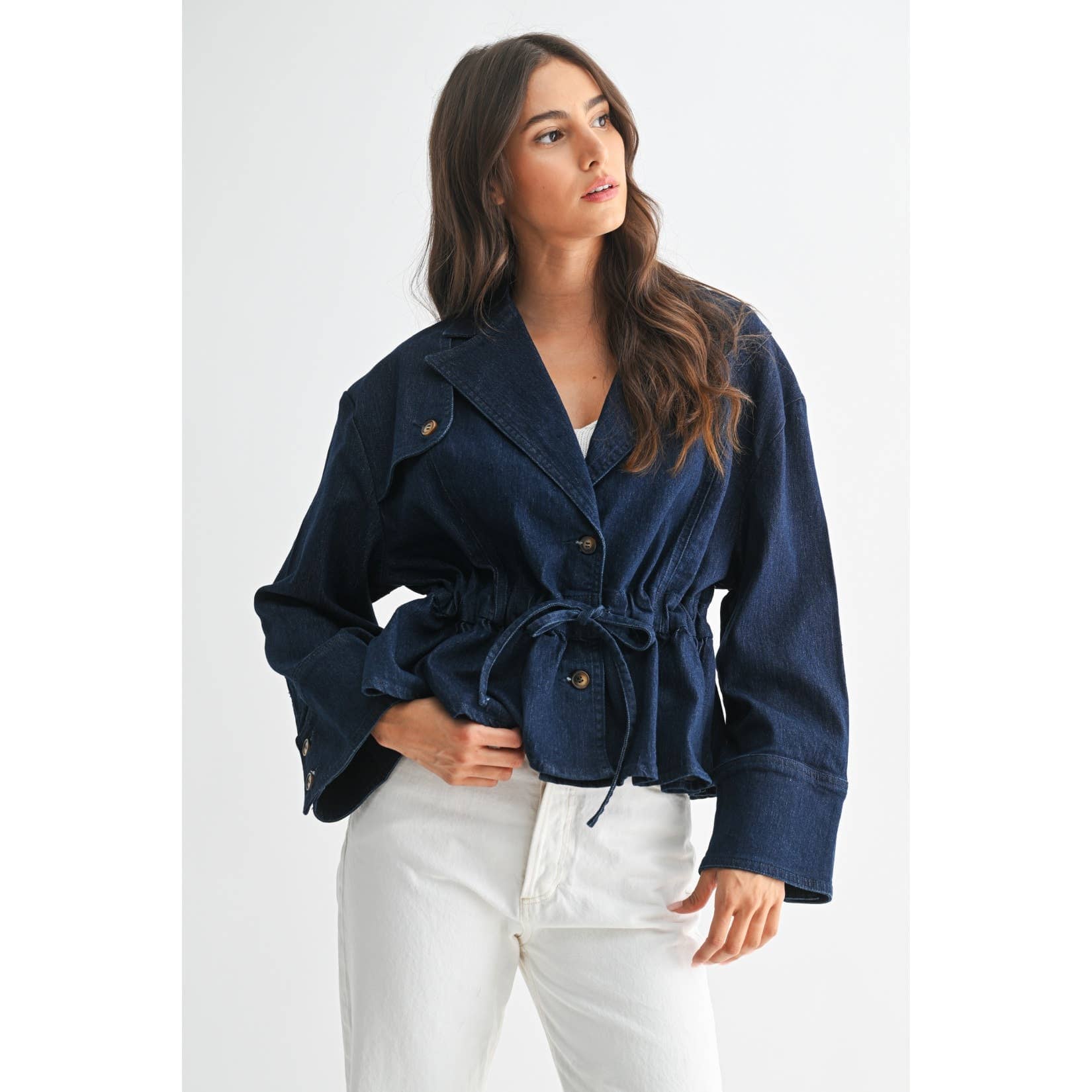 PREMIUM DENIM JACKET WITH ADJUSTABLE WAIST: DARK DENIM / S-M-L(3-2-1)