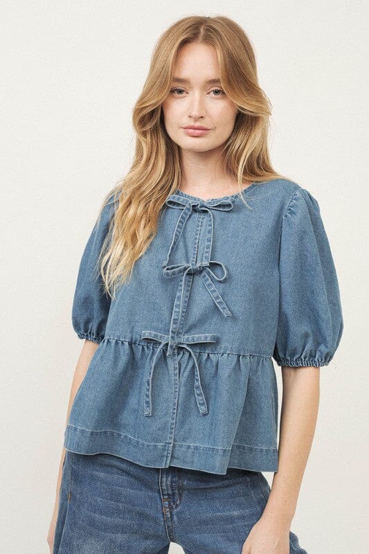 Denim Bow Tie Peplum Top