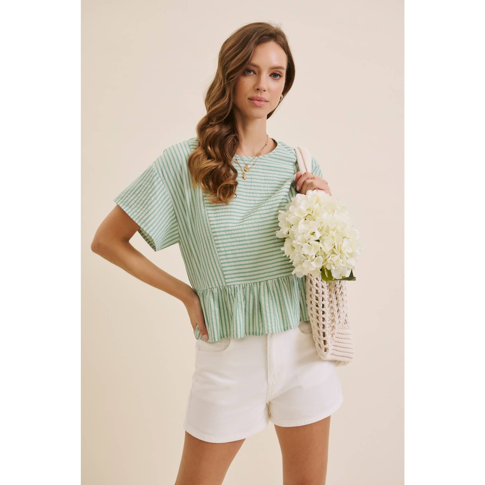 EVERYDAY VERSATILITY BABYDOLL STRIPE PEPLUM BLOUSE TOP: CLOVER GREEN / S | Stella & Grace Boutique .