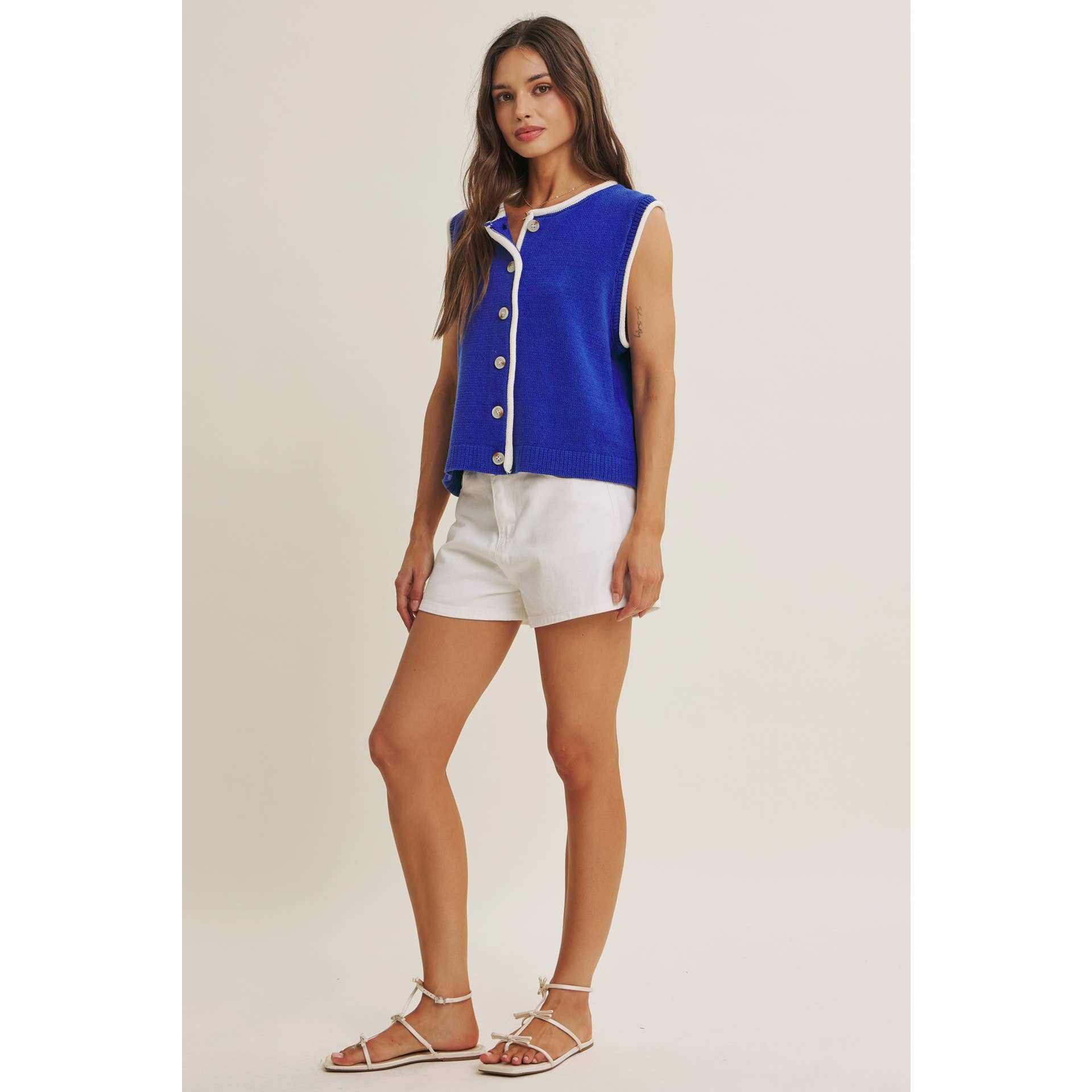 CONTEMPORARY COLOR POP BUTTON-DOWN SWEATER KNIT VEST: ROYAL BLUE / S | Stella & Grace Boutique .